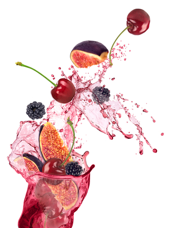 Fresh fruits, berries falling , fruits splash, isolated on white backgroundの写真素材