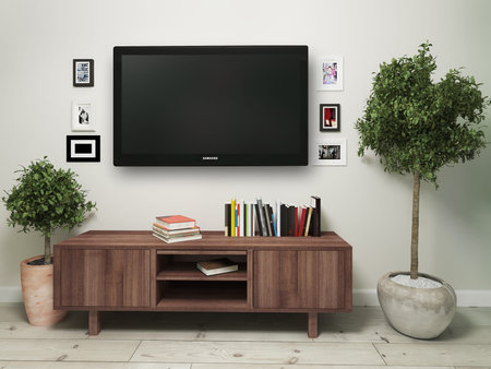 widescreen television with a wooden pedestal. 3d illustrationの写真素材