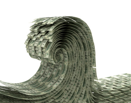The wave of money on a white background. Wave dollars. 3D illustrationの写真素材