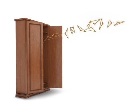wood big open cupboard with flying hangers; 3d illustrationの写真素材