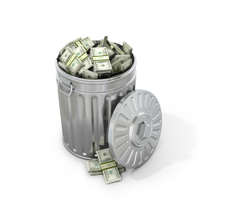 The concept of recycling. Trash with money on a white background. 3D illustrationの写真素材