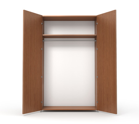 Empty open wooden wardrobe isolated on the whitebackground. 3d illustrationの写真素材