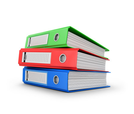 Colored ring binders on a white background. 3D illustration.