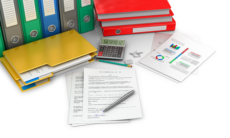 Office documents and folders on a white background. 3D illustrationの写真素材