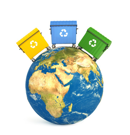 Three trash bin located on the planet. The concept of cleansing the environment. 3D illustrationの写真素材