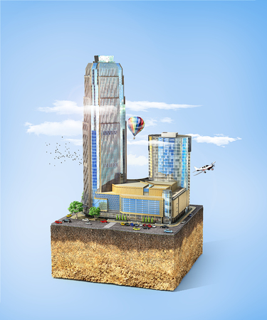 City concept. Business skyscrapers with infrastructure on the patch of ground. 3d illustrationの写真素材