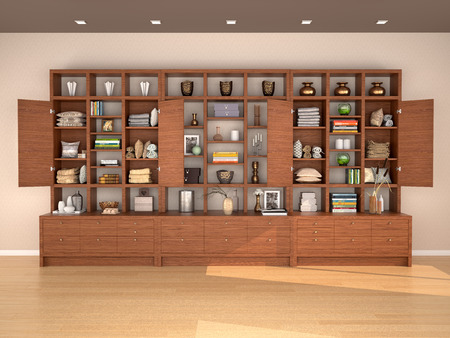 Open wooden shelves with different filling. 3d illustrationの写真素材