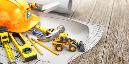 Construction concept. Set of construction tools on a white wooden board. 3d illustrationの写真素材
