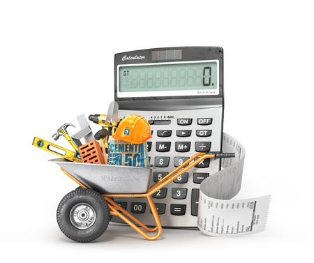 Construction costs concept. Construction tools in the wheelbarrow near calculator with a check isolated on a white. 3d illustrationの写真素材