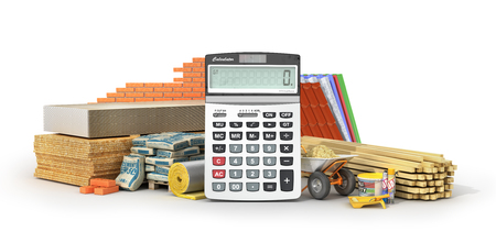 Calculating materials costs. Set of construction materials and tools with calculator isolated on a white background. 3d illustrationの写真素材