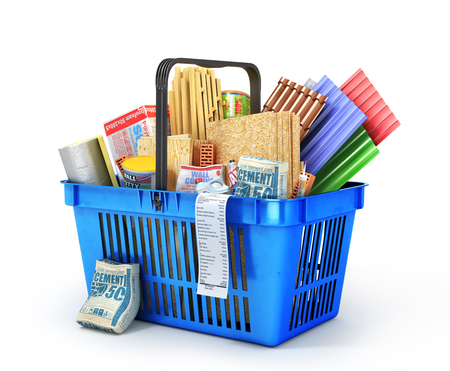 Shopping basket full of construction materials on a white background. 3d illustrationの写真素材