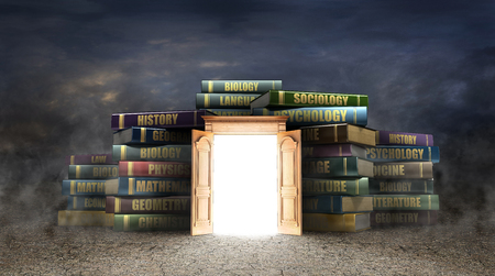 Education concept. Opened wooden door near stacks of books. Door to study. 3d illustrationの写真素材