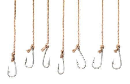 Set of fishing hooks on the ropes isolated on a white background. 3d illustrationの写真素材