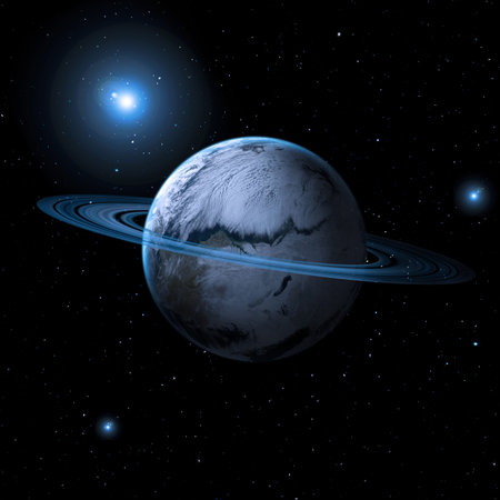 Planet with asteroid rings in the background of space