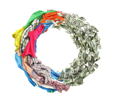 Clothing turns into money and back isolated on white backgroundの写真素材