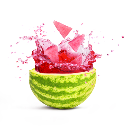cut watermelon with splash, isolated on white backgroundの写真素材