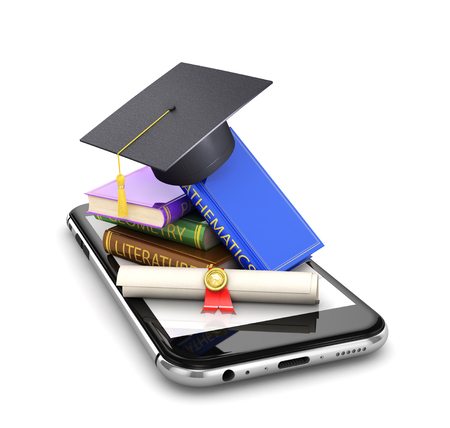 Stack of books having a diploma and a graduate cap, on a mobile phone. The concept of a step towards science and education. 3d illustrationの写真素材
