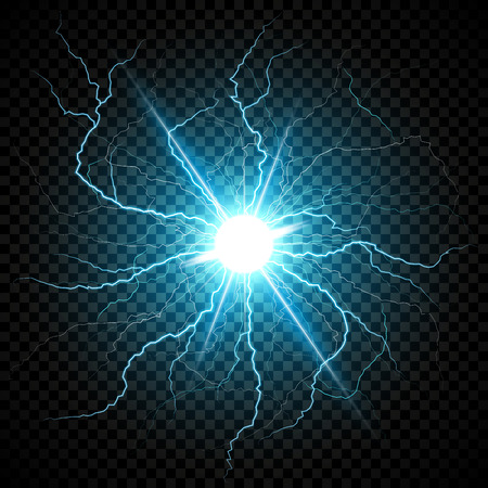 Blue Electric flash of lightning on a dark transparent background. Vector circle lightningのイラスト素材