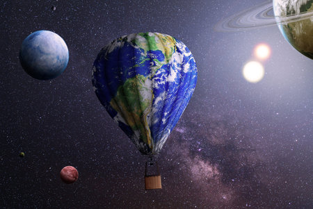 Aerostat covered in texture of planet on a space background.