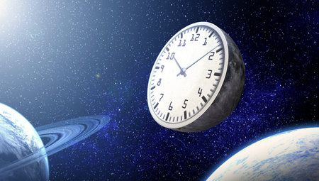The moon in the form of a clock against the background of the cosmos.
