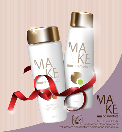 Pair of cosmetic bottles with a ribbon wrapped on a silk background can be used as poster, flyer or magazine pagesのイラスト素材