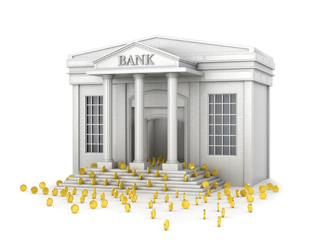 The concept of reliable savings. A bank building that fills with gold coins. 3d illustrationの写真素材