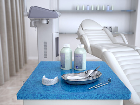 cast of teeth and dentist tools in the foreground. 3d illustrationの写真素材