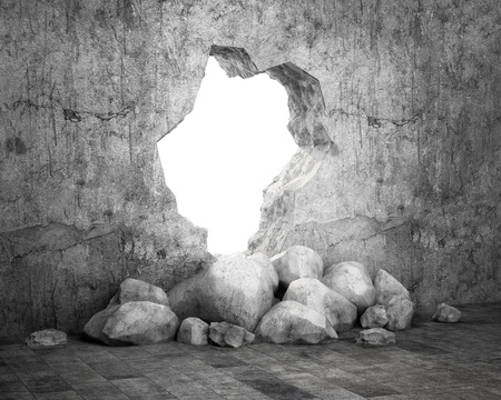 Destroyed wall of concrete structure. Concept of escape to freedom. 3d, illustrationの写真素材
