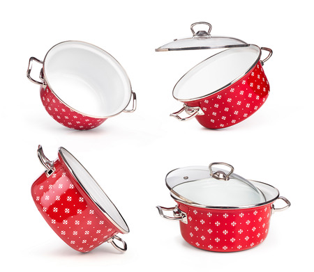 Set of red pans isolated on a white backgroundの写真素材