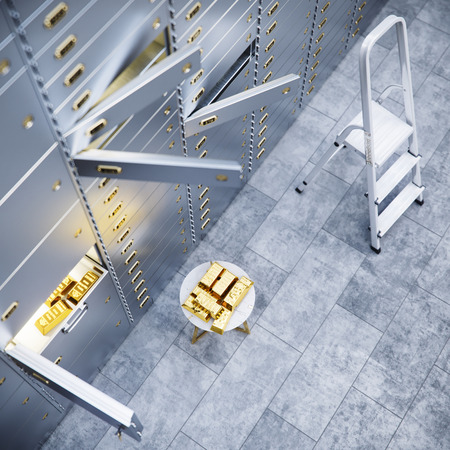 open bank safe door with  and gold inside 3d illustrationの写真素材