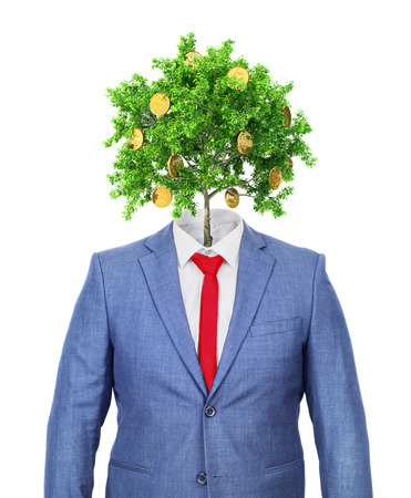 Striving for money. A hollow costume with a head in shape of money tree on a white background. Ideaの写真素材