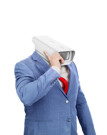 A hollow costume with a head in shape of surveillance camera on a white backgroundの写真素材