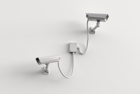 Surveillance Camera on the white wall 3d illustrationの写真素材