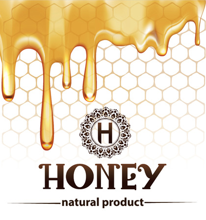 Honey splash dripping sweet drops from bee honeycomb poster for beekeeping honey shop or bakery.のイラスト素材