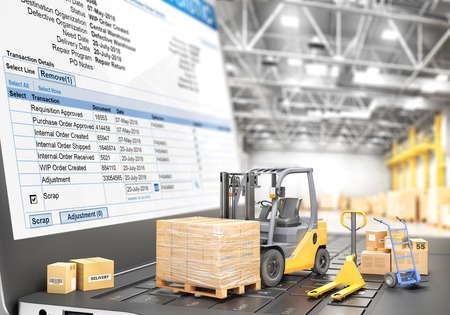 Logistic concept. Forklift with cardboard boxes on a notebook keyboard. 3d illustrationの写真素材