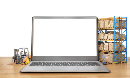 Logistic concept. Cardboard boxes on a notebook keyboard. 3d illustration