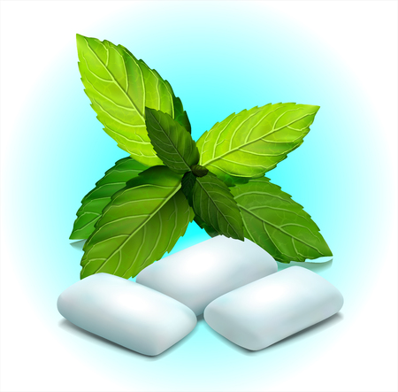 Realistic mint gum and green leaves on blue background vector illustrationのイラスト素材