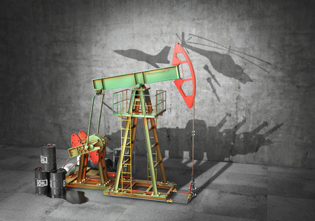 War concept. Conflict over resources. Oil pump cast shadow in form of group of army equipment. 3d illustrationの写真素材