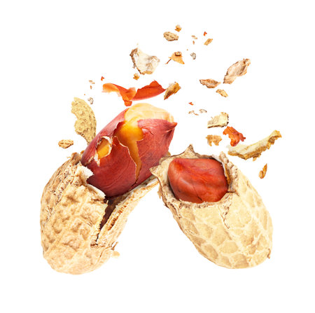 Dried peanuts, broken into two parts, isolated on a white background
