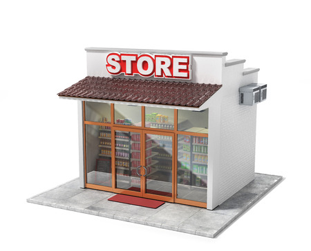 Business concept. Store with empty signboard isolated on a white. 3d illustrationの写真素材
