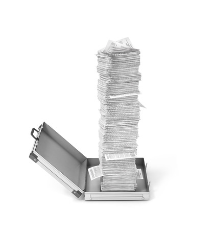 a stack of leaves and an open suitcase isolated on a white background.3d illustrationの写真素材