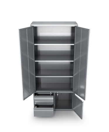 Metal cabinet with open doors, tools, documents. 3d illustrationの写真素材