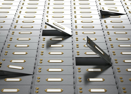 Storage concept. Metal cabinets with open doors. View from the bottom. 3d illustration

の写真素材