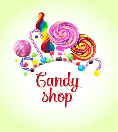 Decorative frame with realistic candies, colorful lollipops of various shape on background. vector illustrationのイラスト素材
