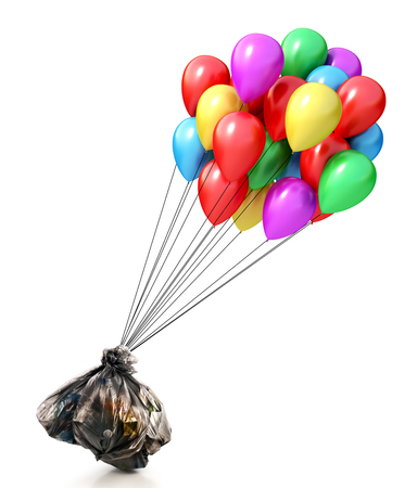 The concept of recycling garbage. Balloons fly away with trash bags on a white background. Eco concept.の写真素材