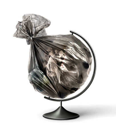 Eco concept. Globe with a garbage bag instead of a planet on a white background. The concept of global pollution.の写真素材