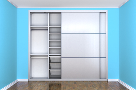 White compartment wardrobe with open doors in a room with blue walls. Wardrobe. 3d illustrationの写真素材