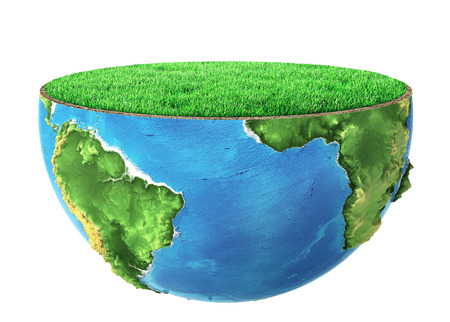 Half of planet with green grass on a white backgroundの写真素材