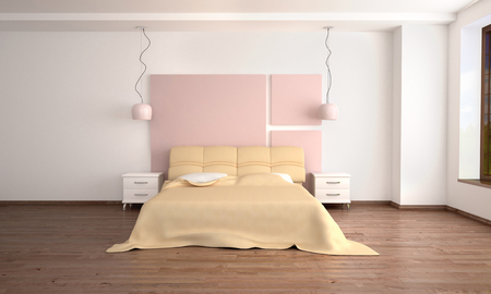3d illustration of interior modern light bedroom in the style of minimalismの写真素材