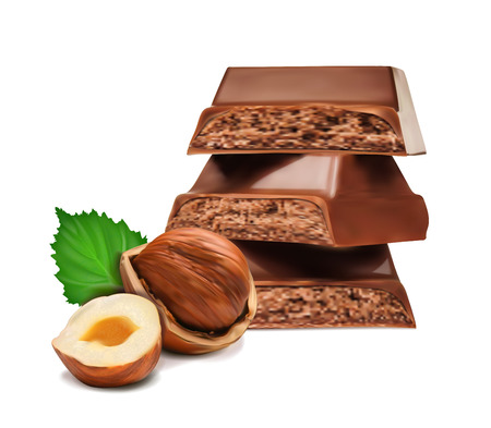 pieces of dark chocolate with hazelnuts on a white backgroundのイラスト素材